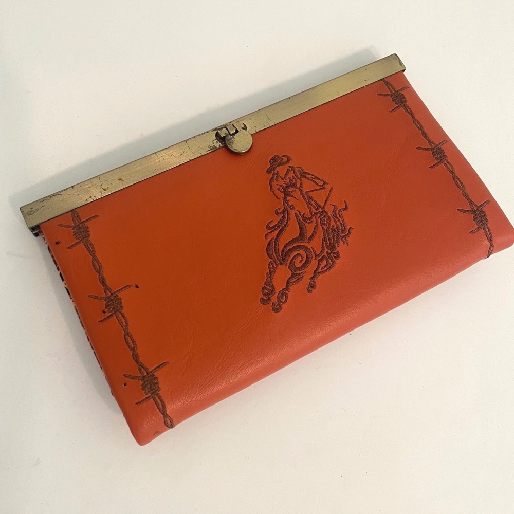 Vintage Wallet Embroidered Cowboy Barbed Wire Western Indie Hippie Orange Bifold